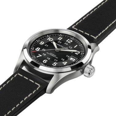 Montre Hamilton Khaki Field cadran noir bracelet cuir noir 38 mm H70455733