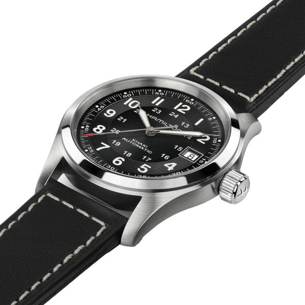 Montre Hamilton Khaki Field cadran noir bracelet cuir noir 38 mm H70455733