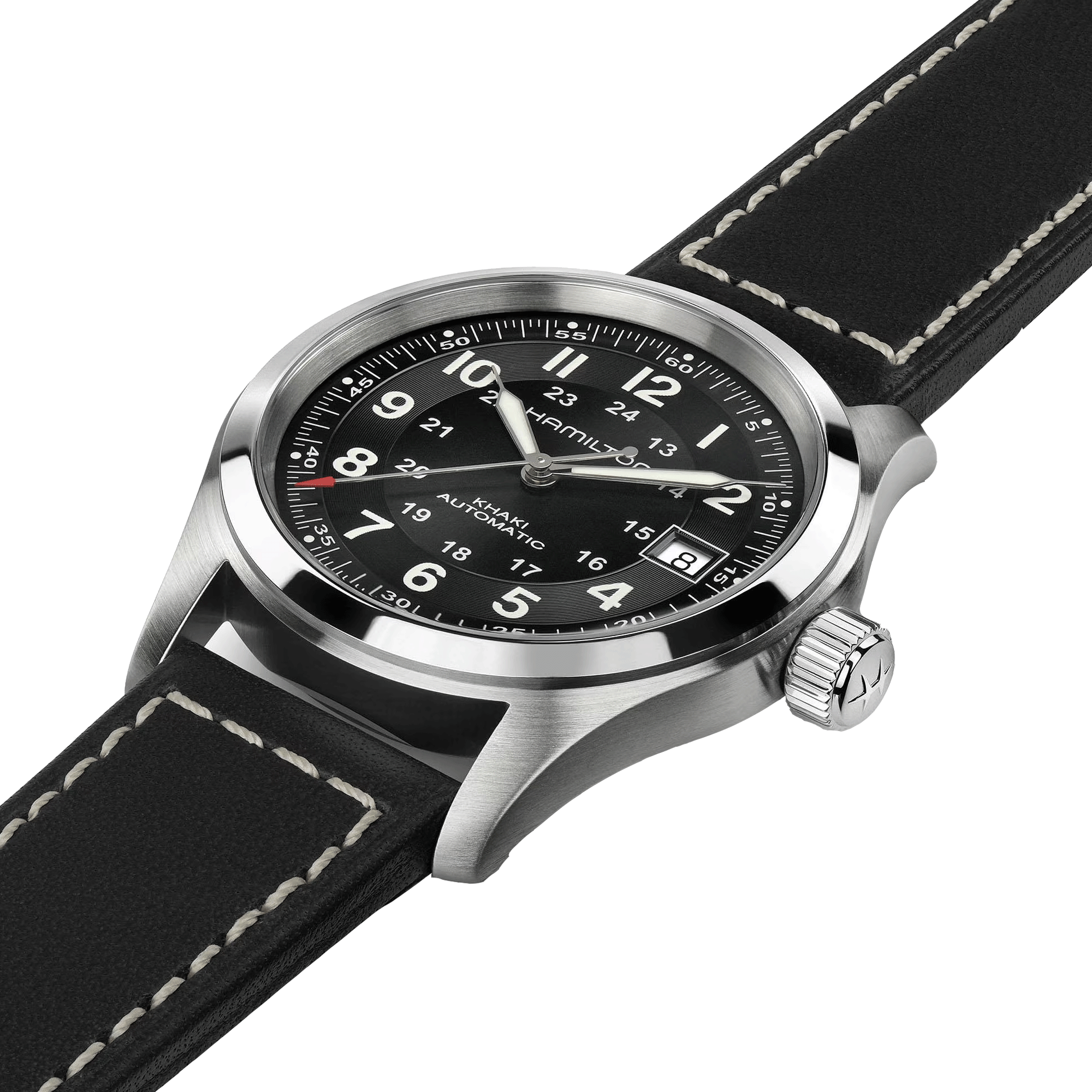 Montre Hamilton Khaki Field cadran noir bracelet cuir noir 38 mm H70455733