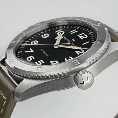 Hamilton Khaki Field Expedition automatic watch black dial green leather strap 41 mm