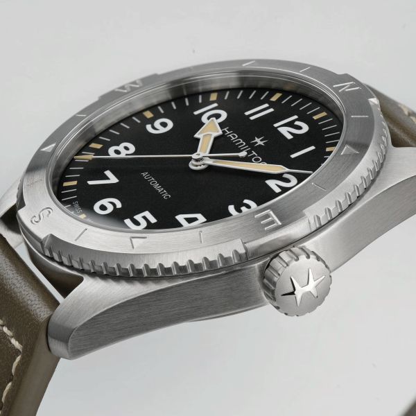 Hamilton Khaki Field Expedition automatic watch black dial green leather strap 41 mm