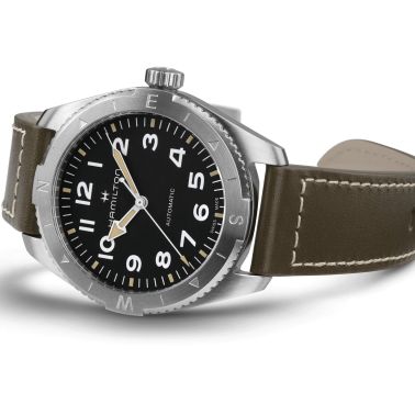 Hamilton Khaki Field Expedition automatic watch black dial green leather strap 41 mm