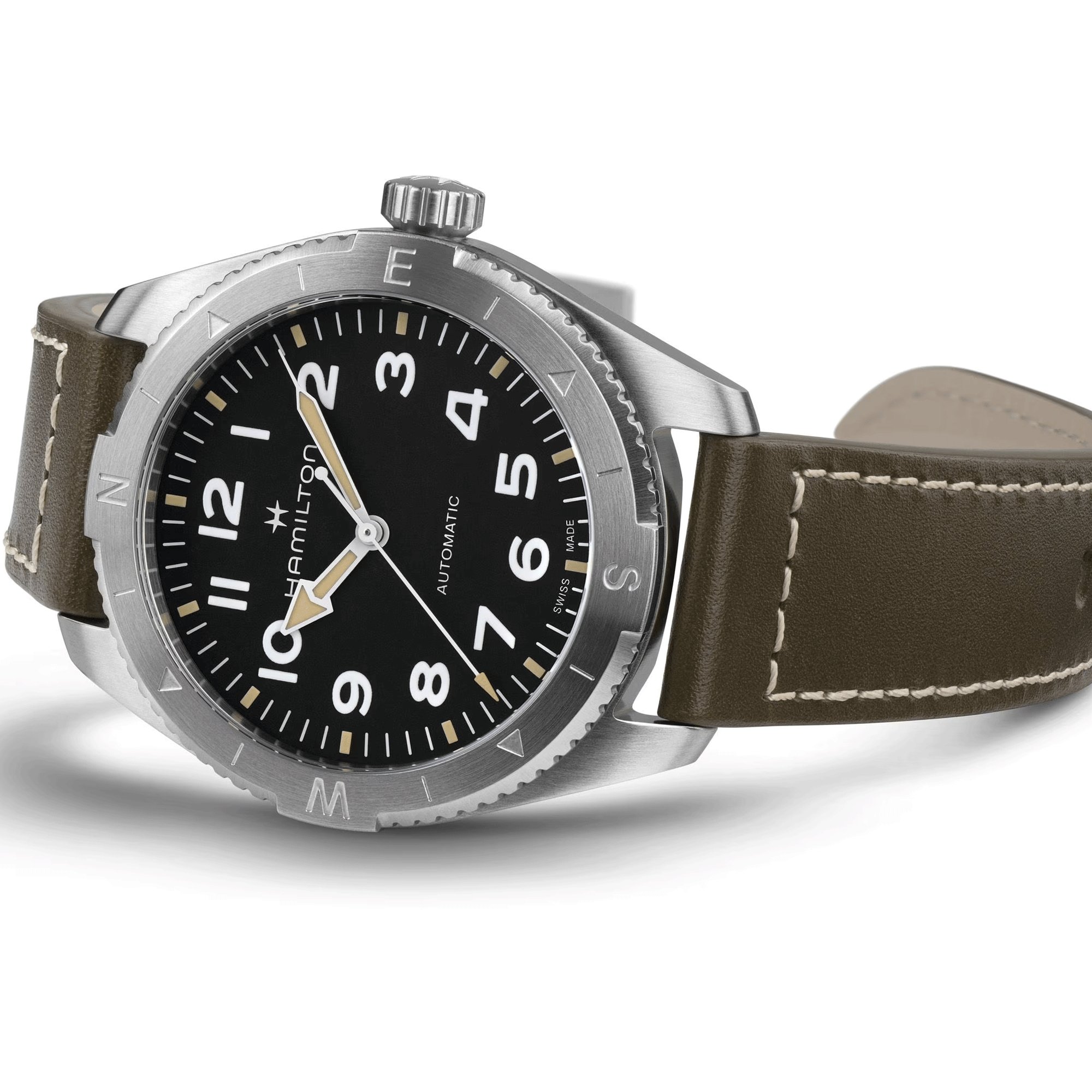 Hamilton Khaki Field Expedition automatic watch black dial green leather strap 41 mm