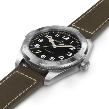 Hamilton Khaki Field Expedition automatic watch black dial green leather strap 41 mm