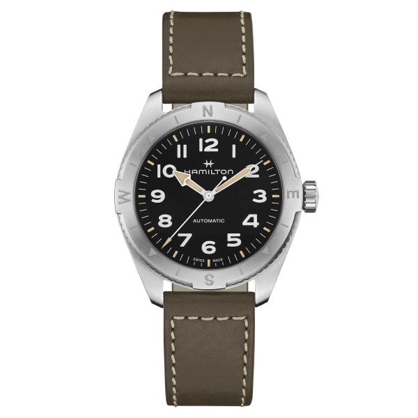 Montre Hamilton Khaki Field Expedition automatique cadran noir bracelet cuir vert 41 mm H70315830