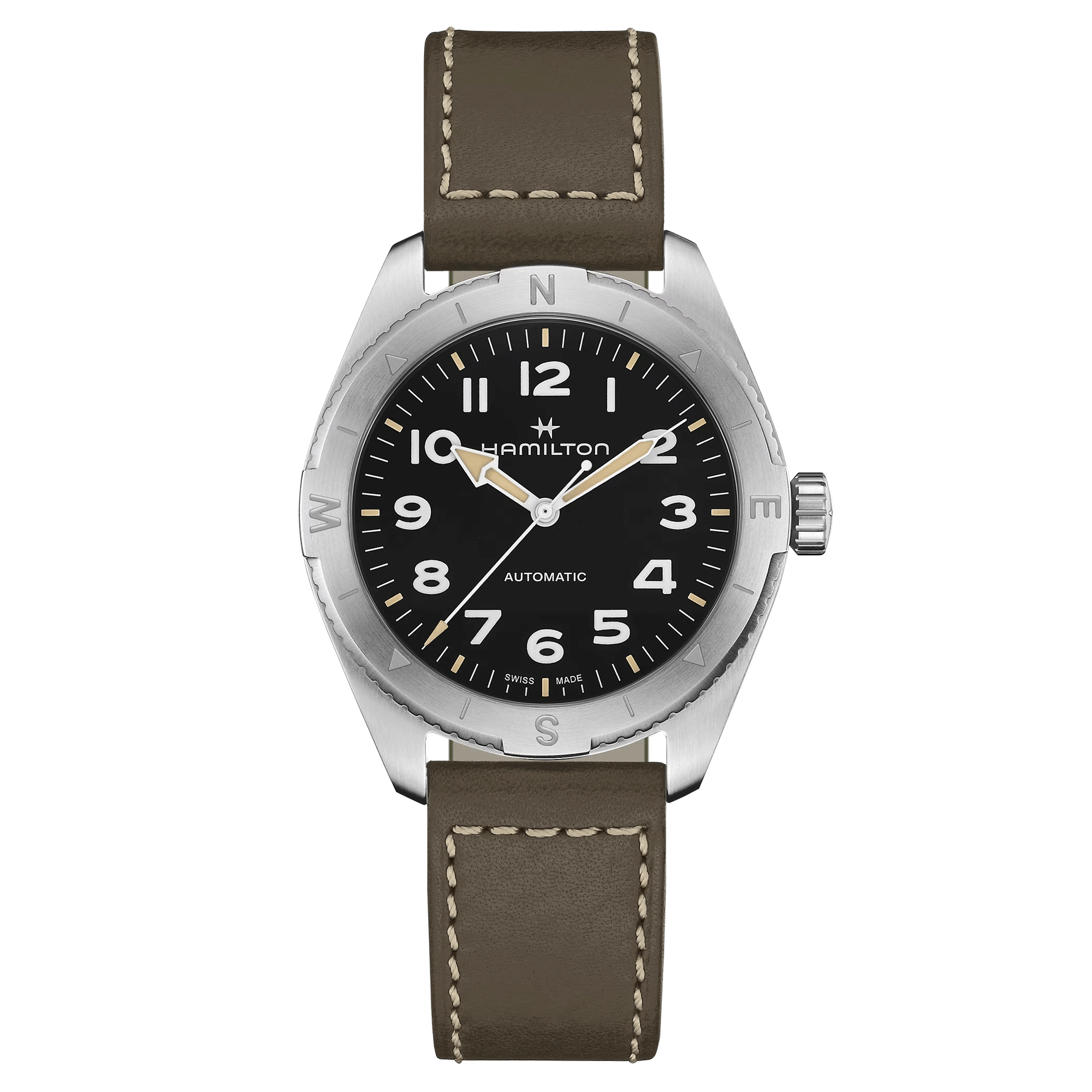 Hamilton Khaki Field Expedition automatic watch black dial green leather strap 41 mm