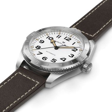 Hamilton Khaki Field Expedition automatic watch white dial brown leather strap 41 mm