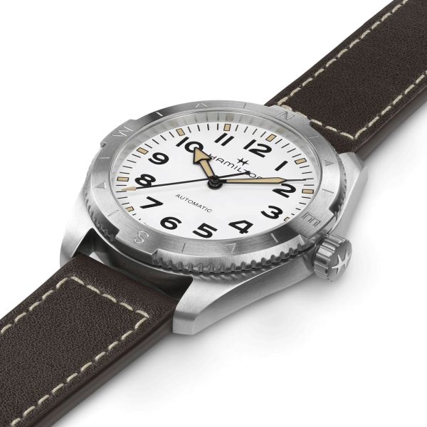 Hamilton Khaki Field Expedition automatic watch white dial brown leather strap 41 mm