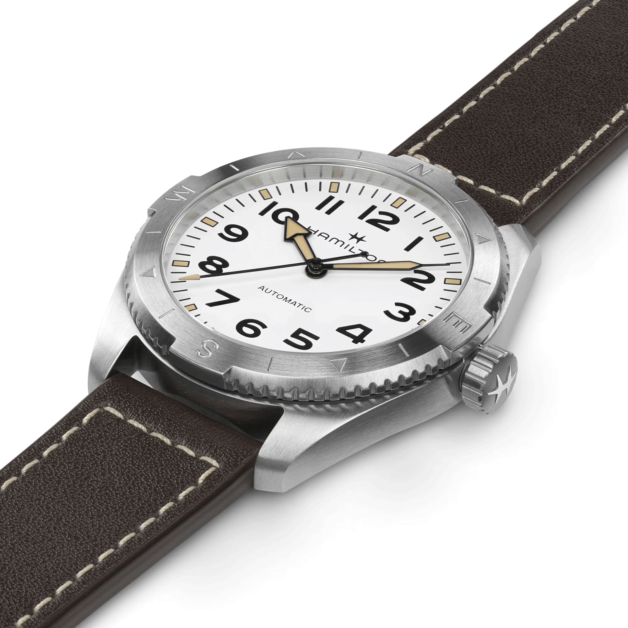 Hamilton Khaki Field Expedition automatic watch white dial brown leather strap 41 mm