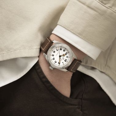 Hamilton Khaki Field Expedition automatic watch white dial brown leather strap 41 mm