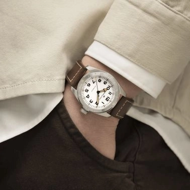 Hamilton Khaki Field Expedition automatic watch white dial brown leather strap 41 mm