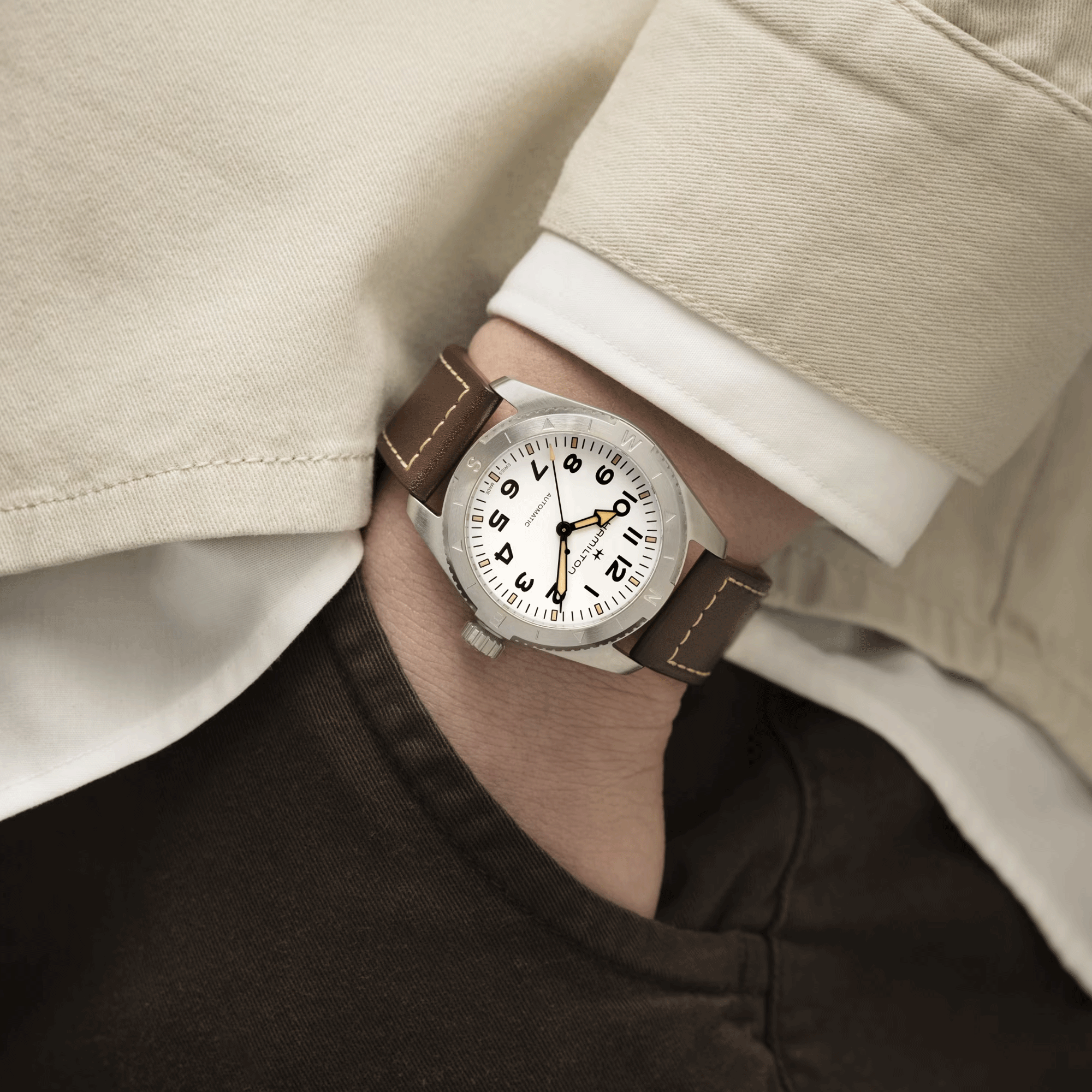 Hamilton Khaki Field Expedition automatic watch white dial brown leather strap 41 mm