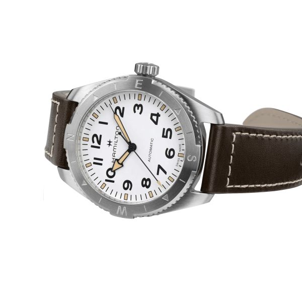 Hamilton Khaki Field Expedition automatic watch white dial brown leather strap 41 mm