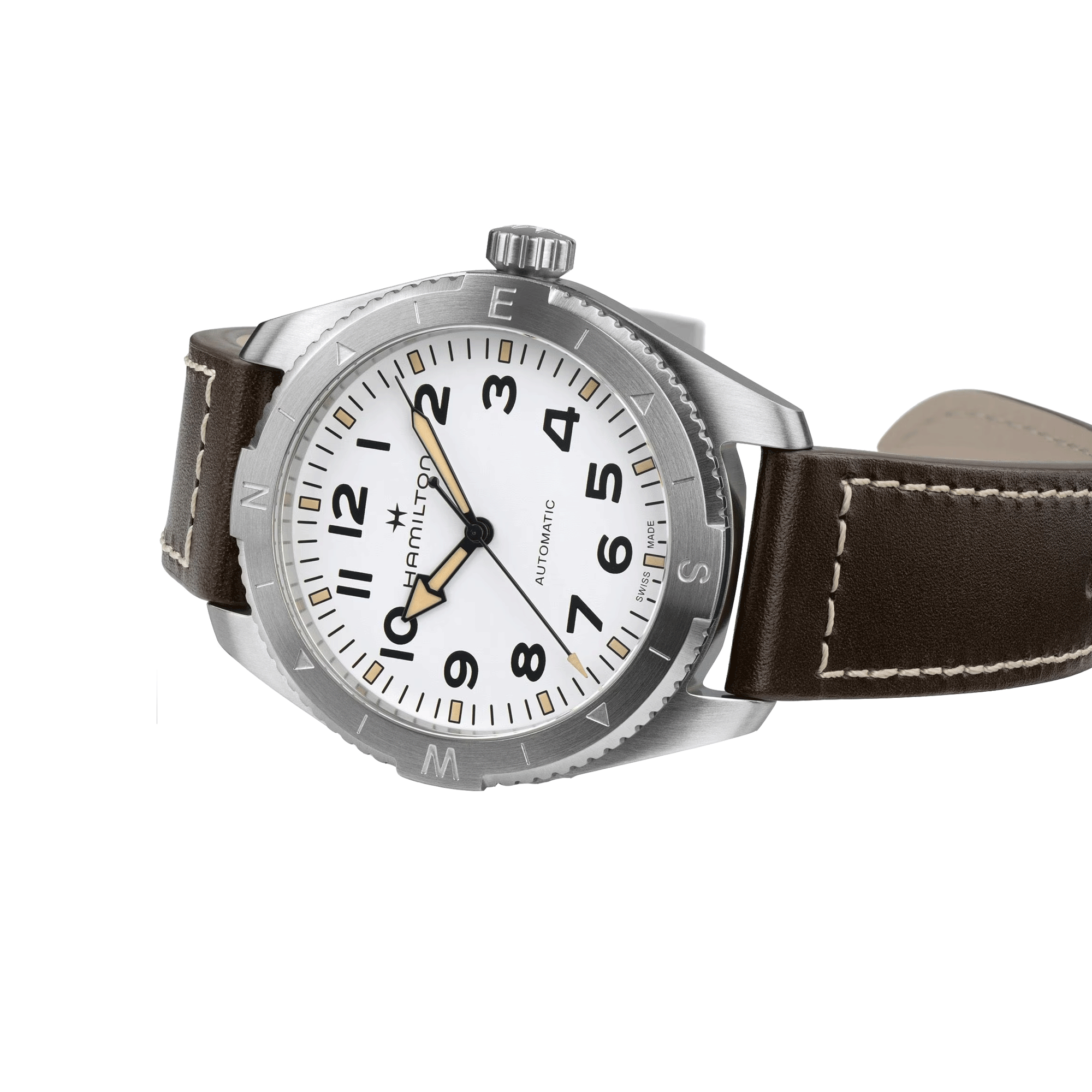 Hamilton Khaki Field Expedition automatic watch white dial brown leather strap 41 mm