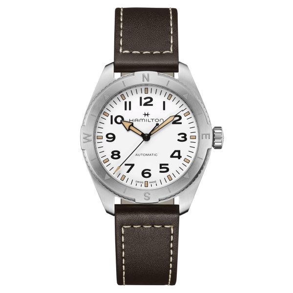 Montre Hamilton Khaki Field Expedition automatique cadran blanc bracelet cuir marron 41 mm H70315510