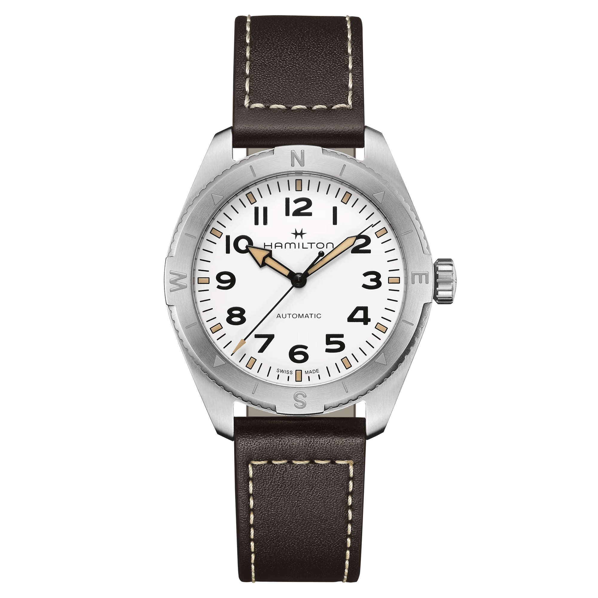 Hamilton Khaki Field Expedition automatic watch white dial brown leather strap 41 mm
