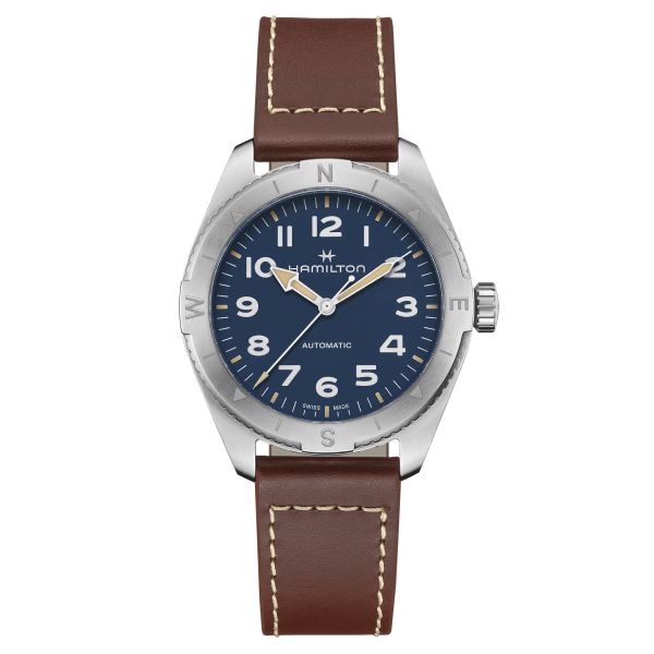 Hamilton Khaki Field Expedition automatic watch blue dial brown leather strap 41 mm