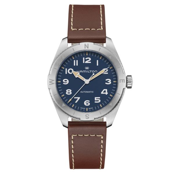 Montre Hamilton Khaki Field Expedition automatique cadran bleu bracelet cuir marron 41 mm H70315540