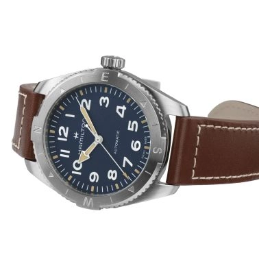 Hamilton Khaki Field Expedition automatic watch blue dial brown leather strap 41 mm