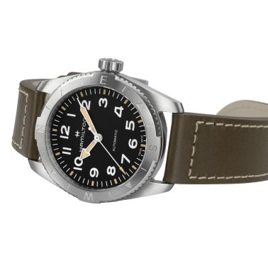 Hamilton Khaki Field Expedition automatic watch black dial green leather strap 37 mm