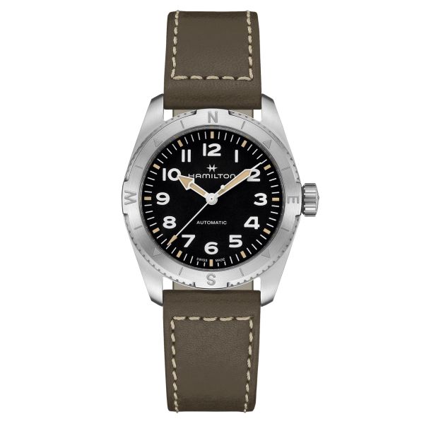 Montre Hamilton Khaki Field Expedition automatique cadran noir bracelet cuir vert 37 mm H70225830