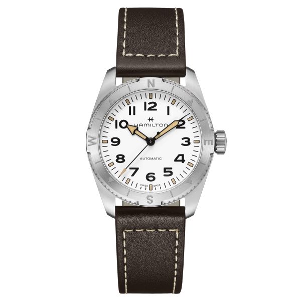 Hamilton Khaki Field Expedition automatic watch white dial brown leather strap 37 mm