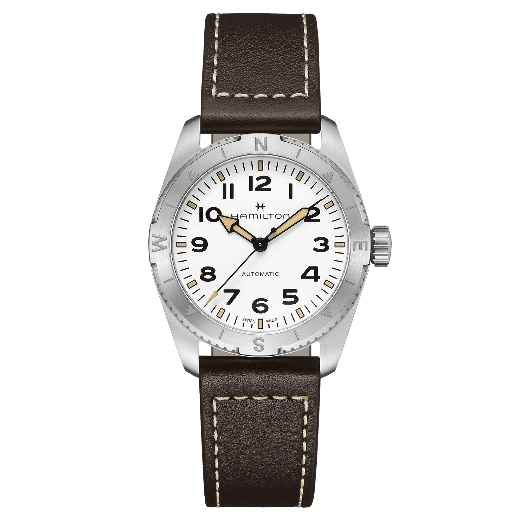Montre Hamilton Khaki Field Expedition automatique cadran blanc bracelet cuir marron 37 mm H70225510