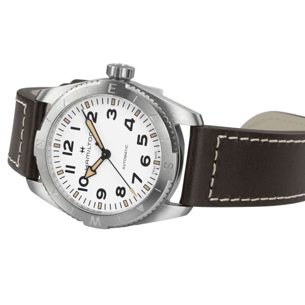 Montre Hamilton Khaki Field Expedition automatique cadran blanc bracelet cuir marron 37 mm H70225510