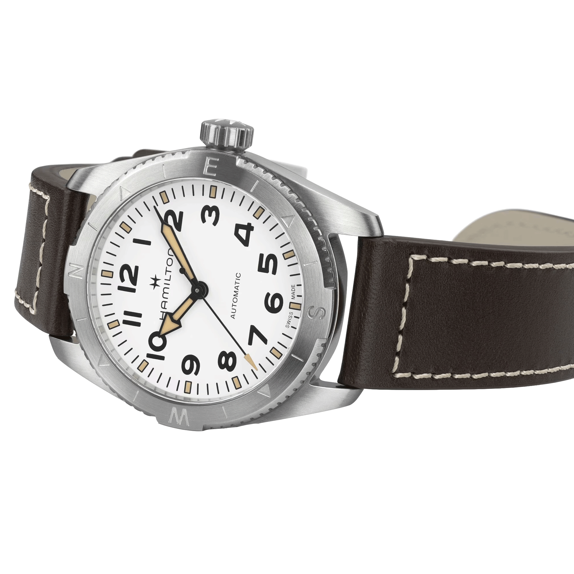 Montre Hamilton Khaki Field Expedition automatique cadran blanc bracelet cuir marron 37 mm H70225510