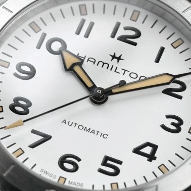 Hamilton Khaki Field Expedition automatic watch white dial brown leather strap 37 mm