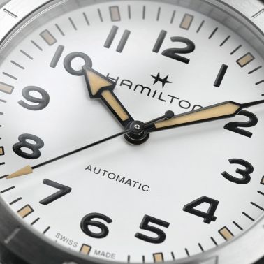 Montre Hamilton Khaki Field Expedition automatique cadran blanc bracelet cuir marron 37 mm H70225510