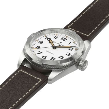 Montre Hamilton Khaki Field Expedition automatique cadran blanc bracelet cuir marron 37 mm H70225510