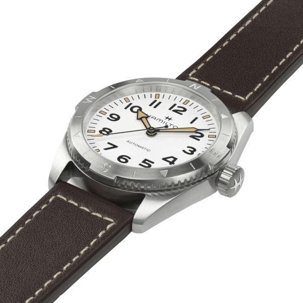 Montre Hamilton Khaki Field Expedition automatique cadran blanc bracelet cuir marron 37 mm H70225510