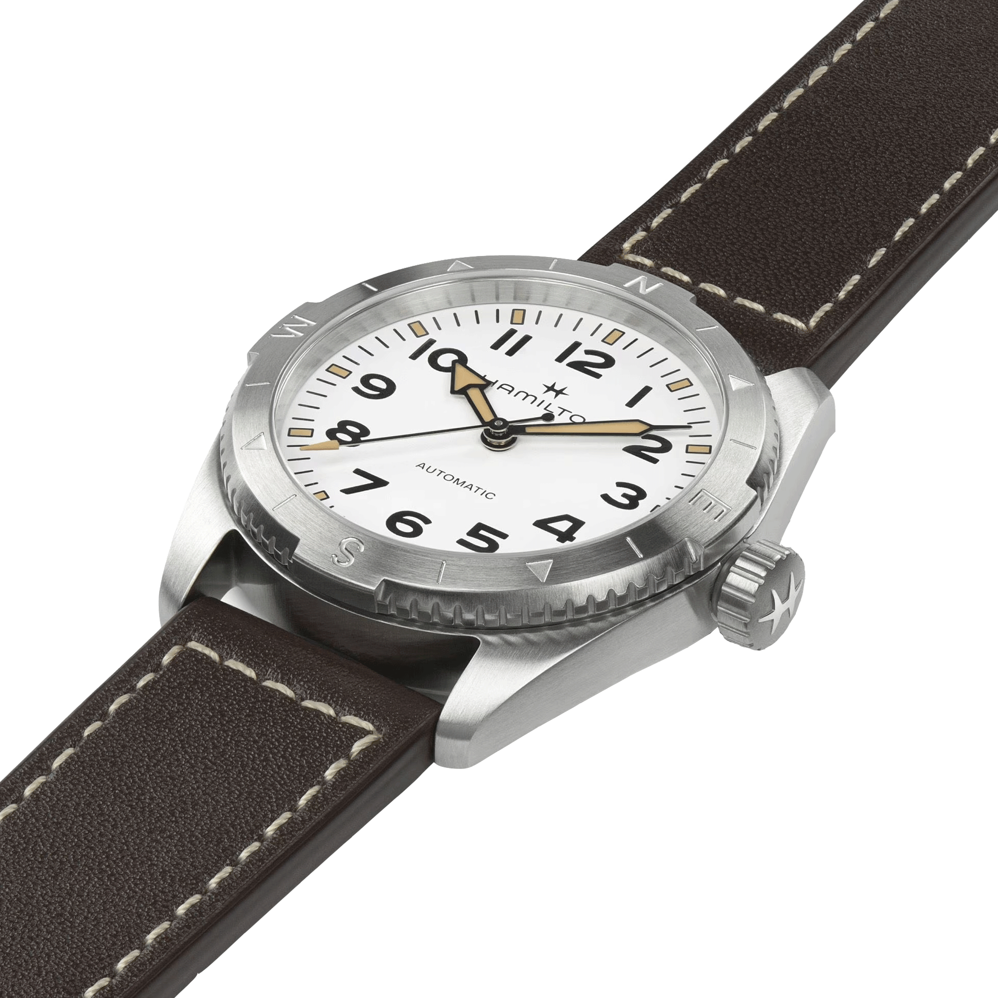 Montre Hamilton Khaki Field Expedition automatique cadran blanc bracelet cuir marron 37 mm H70225510