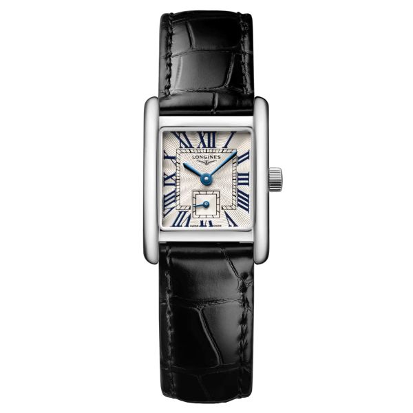 Longines Mini DolceVita quartz watch silver flinqué dial black leather strap 21,5 x 29 mm L5.200.4.71.2