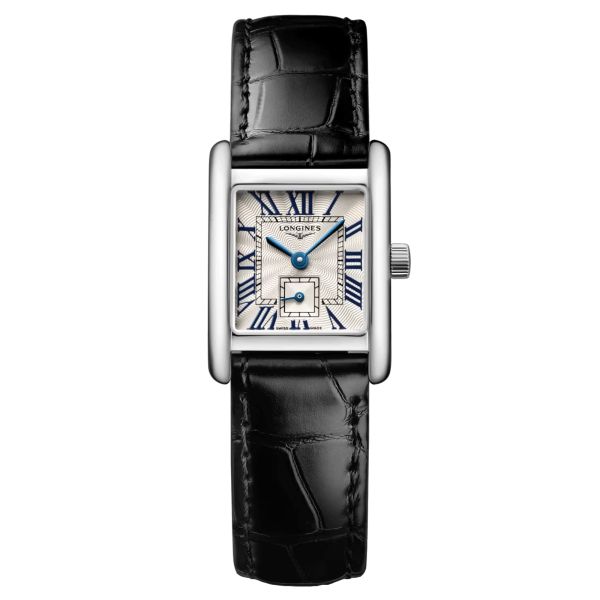 Montre Longines Mini DolceVita quartz cadran argent flinqué bracelet cuir noir 21,5 x 29 mm L5.200.4.71.2