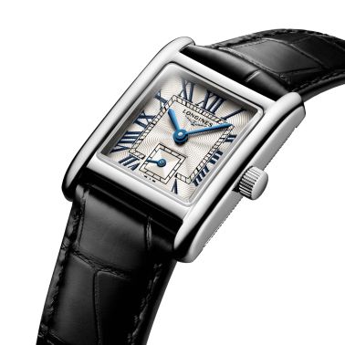 Montre Longines Mini DolceVita quartz cadran argent flinqué bracelet cuir noir 21,5 x 29 mm L5.200.4.71.2