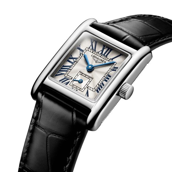 Montre Longines Mini DolceVita quartz cadran argent flinqué bracelet cuir noir 21,5 x 29 mm L5.200.4.71.2