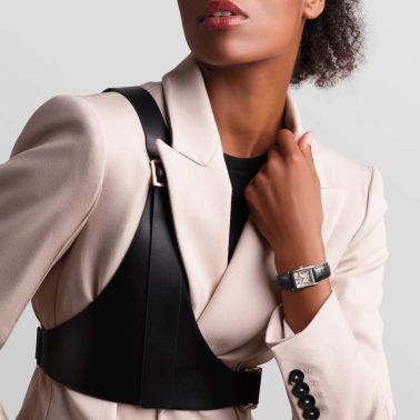 Longines Mini DolceVita quartz watch silver flinqué dial black leather strap 21,5 x 29 mm L5.200.4.71.2