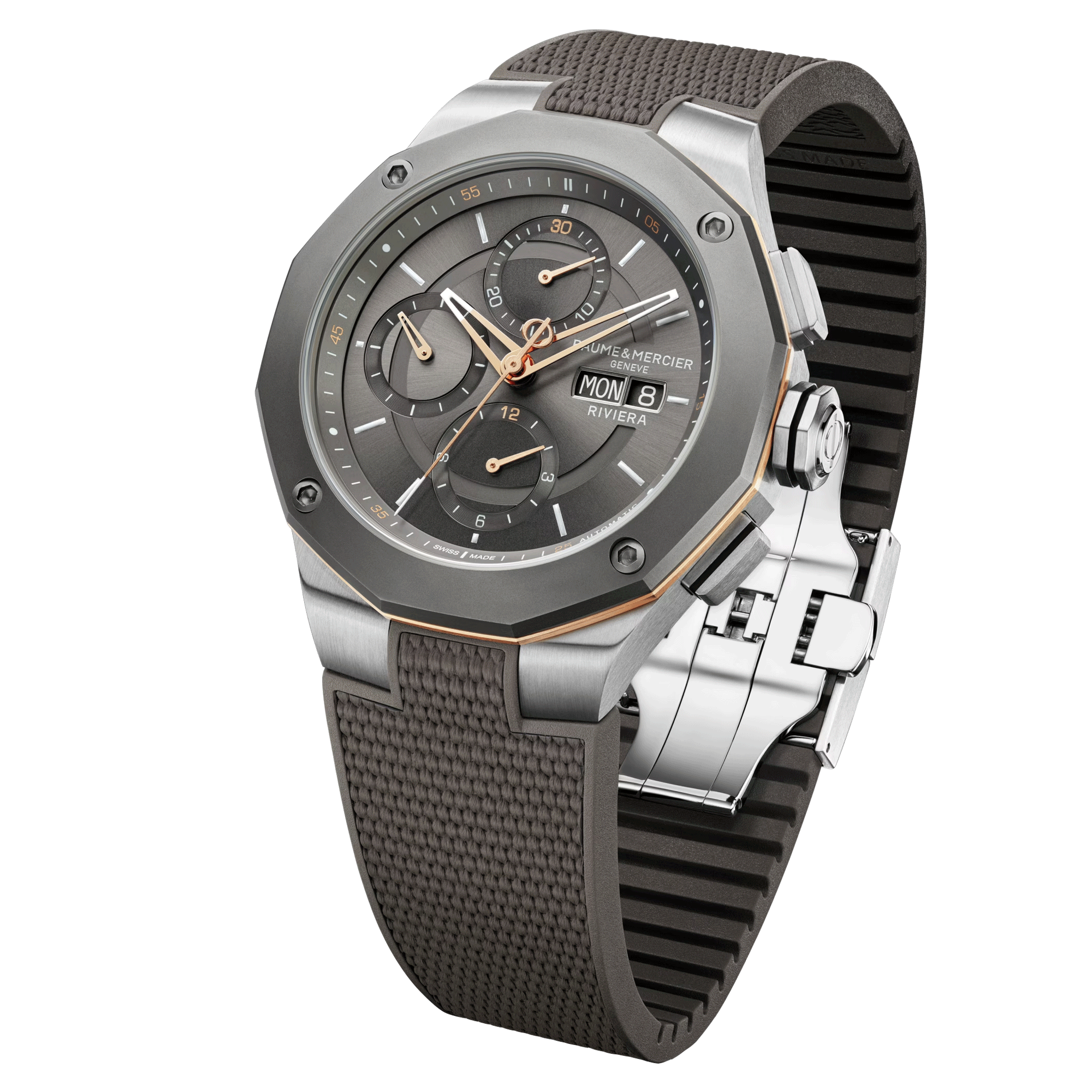 Montre Baume et Mercier Riviera automatique cadran gris bracelet caoutchouc gris 43 mm 10722
