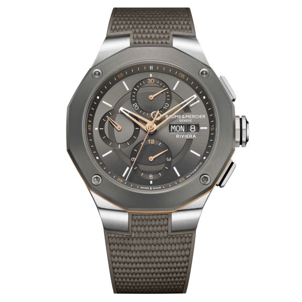 Montre Baume et Mercier Riviera automatique cadran gris bracelet caoutchouc gris 43 mm 10722