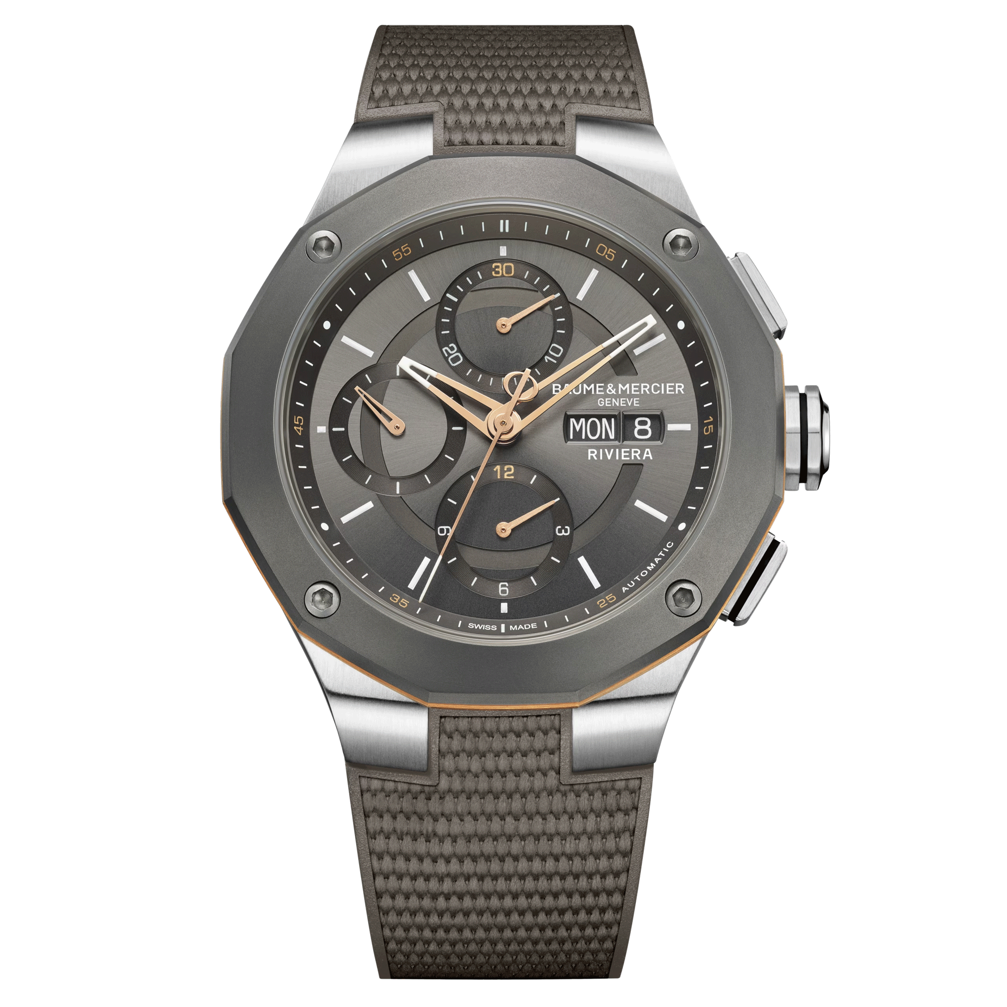 Montre Baume et Mercier Riviera automatique cadran gris bracelet caoutchouc gris 43 mm 10722