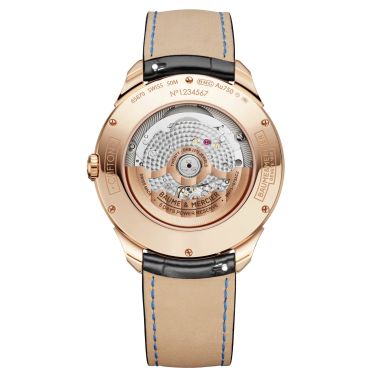 Montre Baume et Mercier Clifon Or Rose Calendrier Perpétuel automatique cadran blanc bracelet cuir noir 42 mm 10583