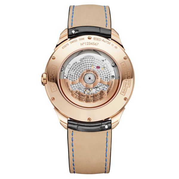 Montre Baume et Mercier Clifon Or Rose Calendrier Perpétuel automatique cadran blanc bracelet cuir noir 42 mm 10583