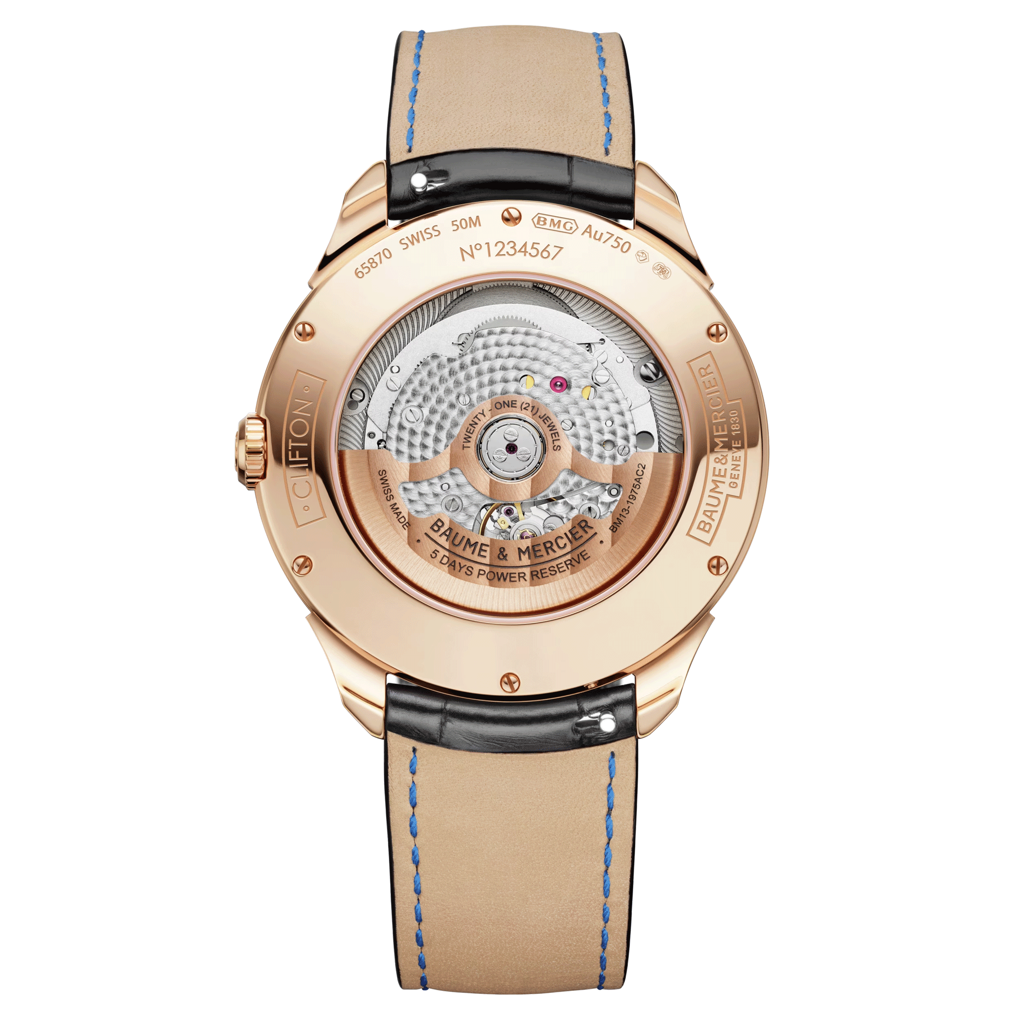 Baume et Mercier Clifton Rose Gold Perpetual Calendar automatic watch white dial black leather strap 42 mm
