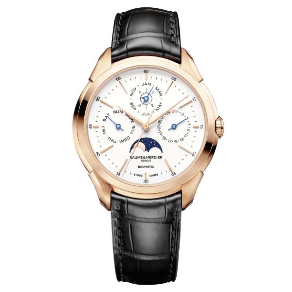 Baume et Mercier Clifton Rose Gold Perpetual Calendar automatic watch white dial black leather strap 42 mm