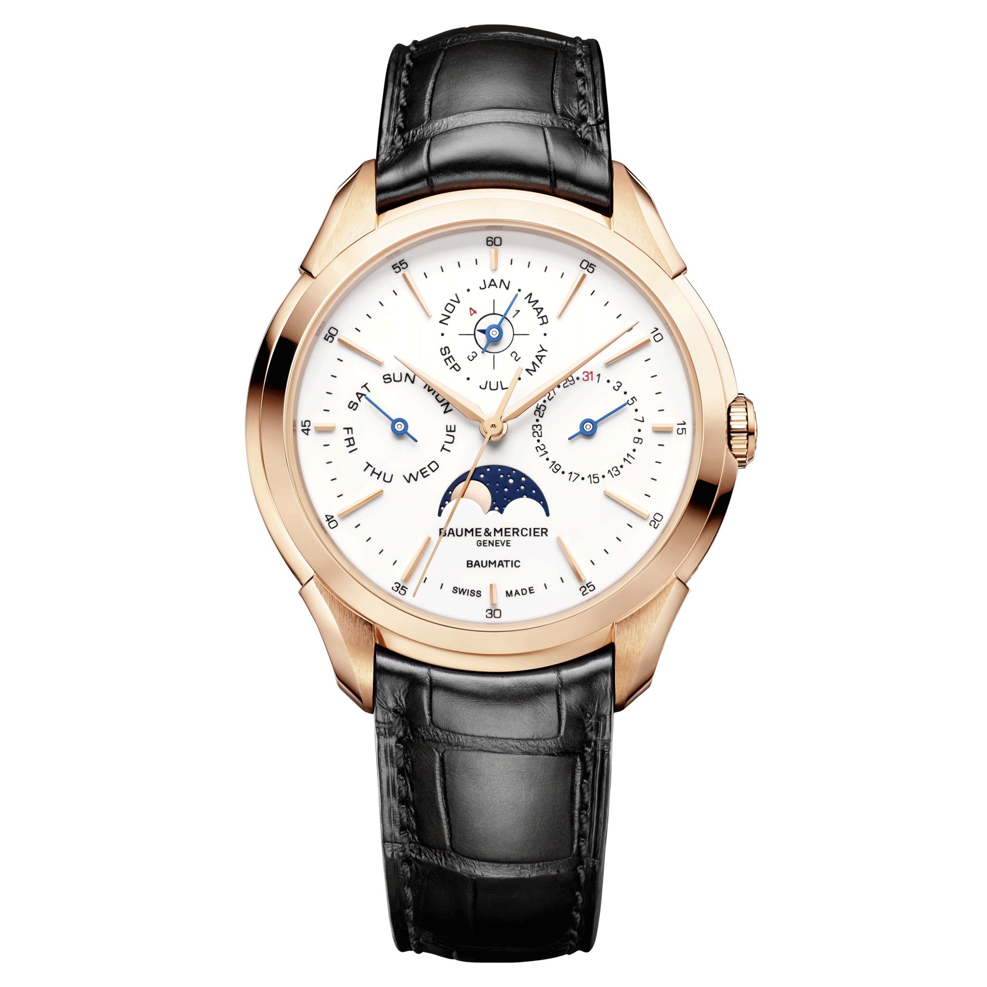 Montre Baume et Mercier Clifon Or Rose Calendrier Perpétuel automatique cadran blanc bracelet cuir noir 42 mm 10583
