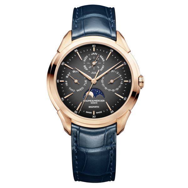 Baume et Mercier Clifton MoonPhase Rose Gold automatic watch black dial blue leather strap 42 mm