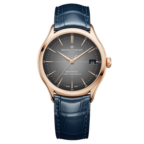Baume et Mercier Clifton COSC Rose gold automatic watch grey dial blue leather strap 39 mm