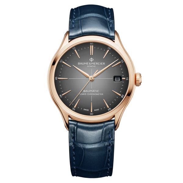 Montre Baume et Mercier Clifon COSC Or Rose automatique cadran gris bracelet cuir bleu 39 mm 10584